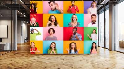 Photo collage of group of glad cheerful excited astonished funky scared surprised people person youngsters children having bright facial expressions isolated over multicolored background Wall mural