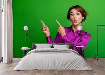 Photo of adorable cute lady wear purple stylish clothes presenting billboard news empty space isolated on green color background Wall mural