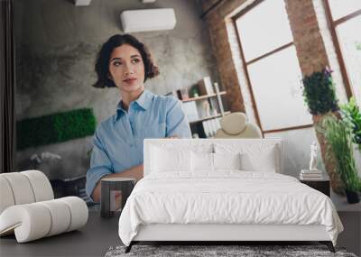 Photo of adorable positive lady broker wear shirt eyeglasses arms crossed indoors workplace workshop Wall mural