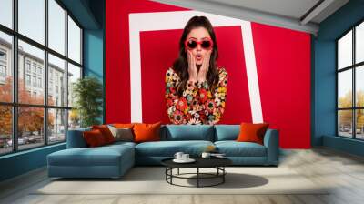 Photo of amazed luxurious lady watch herself shot picture wear groovy clothes isolated bright color background Wall mural