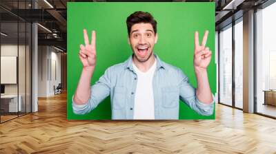 Photo of amazing guy showing hands v-sign symbols playful mood wear casual denim shirt isolated over green color background Wall mural