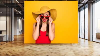 Photo of amazing lady nice look came seaside trip voyage listen hotel neighbors fight sly person wear specs sun hat red swimming suit isolated yellow background Wall mural