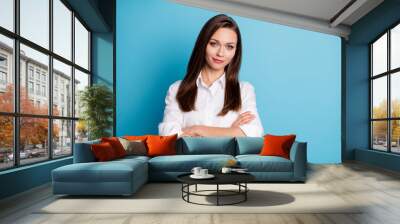 Photo of attractive business lady arms crossed friendly person wear white shirt isolated blue color background Wall mural