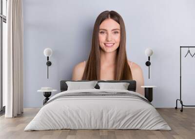 Photo of attractive cute perfect appearance model lady beaming smile demonstrating ideal neat long healthy hairstyle after salon wear beige singlet isolated grey color background Wall mural