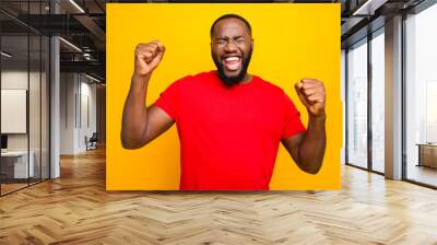 Photo of bearded overjoyed ecstatic man having won some competitions while isolated with yellow background Wall mural