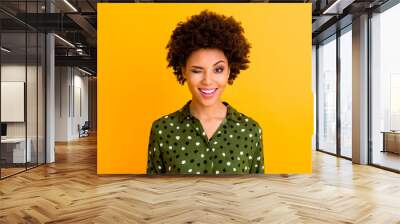 Photo of beautiful pretty dark skin wavy lady toothy beaming smiling winking eye flirty girlish mood wear green dotted shirt blouse isolated yellow color background Wall mural