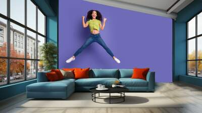 Photo of carefree cheerful cute woman wear stylish sequins clothes celebrate holiday isolated on purple color background Wall mural