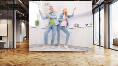 Photo of charming carefree aged couple wear denim shirt smiling dancing indoors house room Wall mural