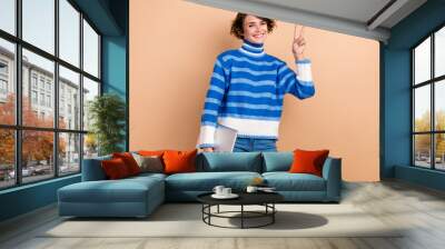 Photo of charming cute lady wear blue pullover holding modern gadget showing v-sign isolated beige color background Wall mural