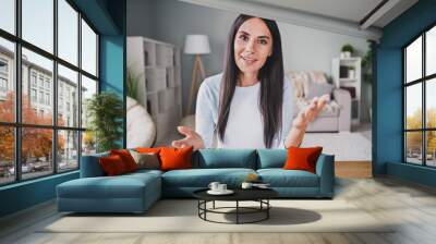 Photo of charming young attractive woman talk web camera work from home business meeting indoors in house Wall mural