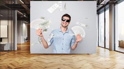 Photo of cheerful ecstatic victorious man having found perfect source of income wearing eyeglasses isolated over grey color background Wall mural