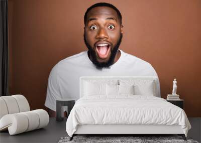 Photo of cheerful handsome attractive funny black man with bristle shocked about sales started expessing positive emotions on face isolated pastel brown color background Wall mural