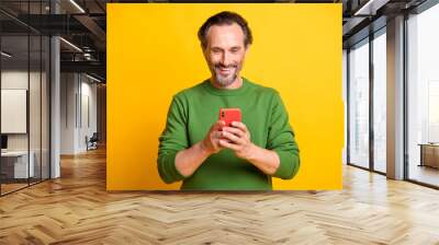 Photo of cheerful man hold telephone look screen wear green pullover isolated bright yellow color background Wall mural