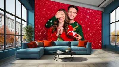 Photo of cheerful man husband arm close eyes make surprise girl waiting miracle rejoice receive gift box isolated on red color background Wall mural