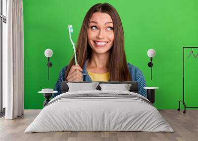 Photo of cheerful nice lady hold toothbrush look empty space isolated on green color background Wall mural