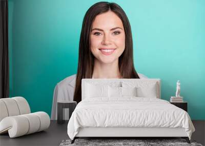 Photo of cheerful positive pretty young woman wear white shirt smile good mood isolated on teal color background Wall mural