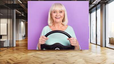 Photo of cheerful positive retired old lady hold steering wheel wear teal shirt isolated violet color background Wall mural