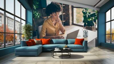 Photo of confident interested thinking mixed-race woman guessing how to fix issues in yellow shirt reports to send them to entrepreneur for being checked out Wall mural