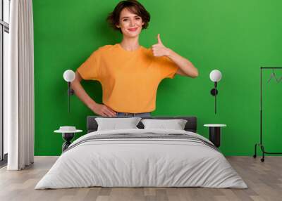 Photo of confident pretty young woman dressed orange t-shirt showing thumb up empty space isolated green color background Wall mural