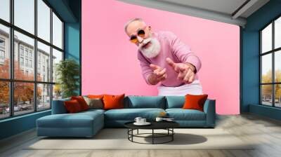 Photo of cool grey beard hair old man point you wear eyewear sweater isolated on pink background Wall mural