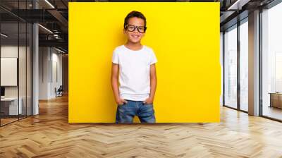 Photo of cool small boy wear white t-shirt eyewear jeans isolated on yellow color background Wall mural