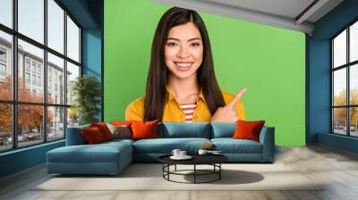 Photo of cute brunette hairdo young lady point empty space wear yellow shirt isolated on pastel green color background Wall mural