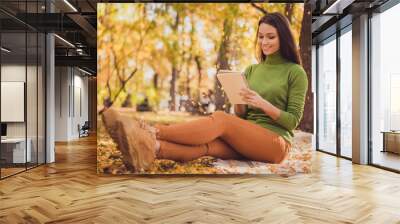 Photo of cute lovely lady college teacher sit blanket hold copybook writing prepare lecture course smiling place among trees autumn park wear green turtleneck orange pants sneakers outdoors Wall mural