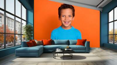 Photo of cute optimistic boy wear nice blue pullover beaming smile good mood isolated on orange color background Wall mural