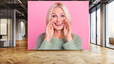 Photo of cute shiny retired woman wear green sweater making announcement isolated pink color background Wall mural