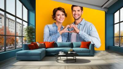 Photo of cute sweet pretty couple wear trendy denim clothes arms showing gesture make symbol heart shape isolated yellow color background Wall mural