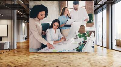 Photo of discuss contract sign project teamwork young people work together employees modern industrial open space style interior workplace Wall mural