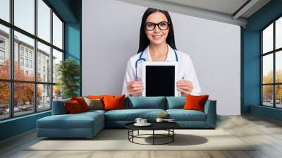 Photo of doctor woman hold tablet show screen empty space wear stethoscope glasses white uniform isolated grey color background Wall mural