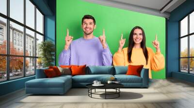 Photo of dreamy adorable boyfriend girlfriend wear sweatshirts looking pointing empty space isolated green color background Wall mural