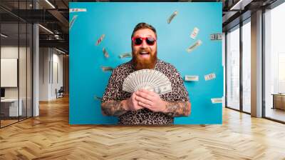 Photo of excited crazy macho guy hold fan american bucks excited mood money luxury rich person dollars falling income wear leopard shirt sun specs isolated blue background Wall mural