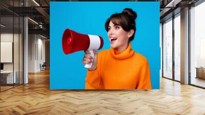 Photo of excited funky lady wear knitted pullover screaming bullhorn empty space isolated blue color background Wall mural