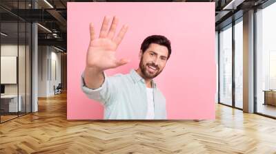 Photo of excited laughing young businessman have fun welcome wave palm high five hello friendly symbol isolated on pink color background Wall mural