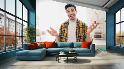 Photo of excited positive guy dressed plaid shirt video call modern gadget indoors room home house Wall mural