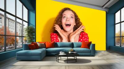 Photo of excited pretty lady dressed red blouse looking up empty space isolated yellow color background Wall mural