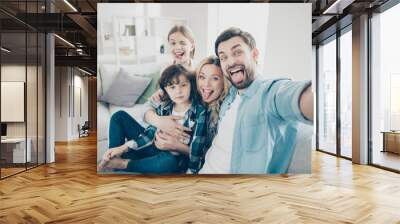 Photo of family two children making selfies weekend great mood sticking tongue out mouth best friends Wall mural