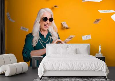 Photo of funky crazy grandma lady pack usa bucks hands money fall sky wealthy person spend money luxury wear green shirt sun specs necklace isolated bright yellow color background Wall mural