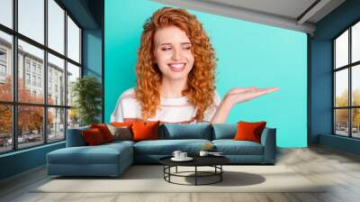 Photo of funky ginger wavy hair young lady hold hand empty space wear sweater isolated on teal color background Wall mural