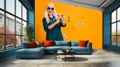 Photo of funky granny lady pack usa bucks hands money fall sky wealthy person spend money luxury wear green shirt sun specs necklace jeans isolated bright yellow color background Wall mural