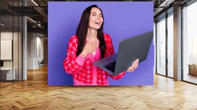 Photo of funny attractive lady dressed pink cardigan laughing talking modern device isolated violet color background Wall mural