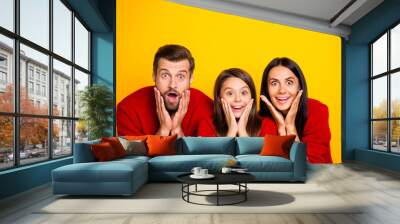 Photo of funny cheerful amazed stupor family mommy daddy excited crazy with shopping mall starting x-mas sales wearing red sweaters isolated over vivid color yellow background Wall mural