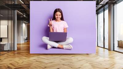 Photo of funny pretty schoolgirl dressed pink t-shirt showing v-sign looking modern device isolated purple color background Wall mural