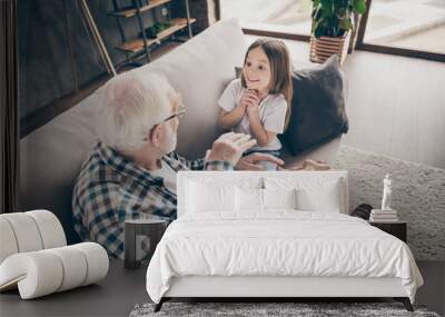 Photo of funny two people old grandpa little interested granddaughter sitting sofa telling good story stay house quarantine safety modern design interior living room indoors Wall mural