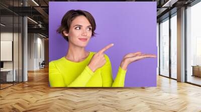 Photo of gorgeous positive nice girl look indicate finger arm palm hold empty space offer isolated on violet color background Wall mural