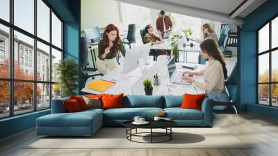 Photo of group young corporate workers develop project workstation office business center indoors Wall mural