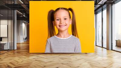 Photo of happy cute sweet little girl happy beaming smile isolated on bright shine yellow color background Wall mural