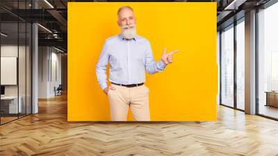 Photo of happy positive charming old man point finger empty space sale news isolated on yellow color background Wall mural